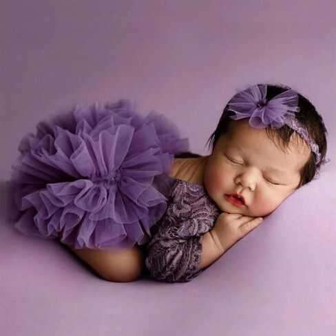 Newborn Photography Outfits Girl, Baby Girl Photoshoot Props, Lace Romper with Headband for 0-3 Months Newborn in Kuwait