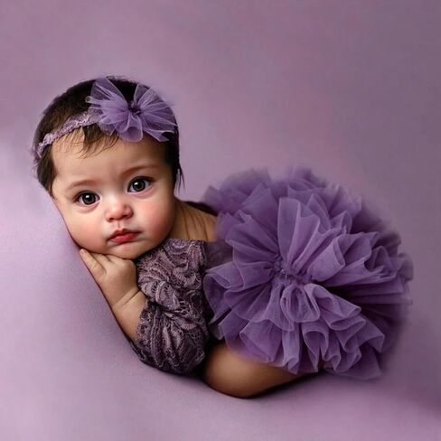 Newborn Photography Outfits Girl, Baby Girl Photoshoot Props, Lace Romper with Headband for 0-3 Months Newborn in Kuwait