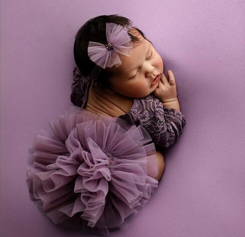 Newborn Photography Outfits Girl, Baby Girl Photoshoot Props, Lace Romper with Headband for 0-3 Months Newborn in Kuwait