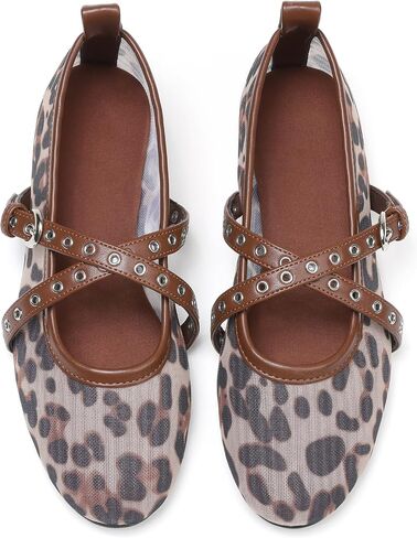 VIMISAOI Leopard Flats for Women Mesh Ballet Flats with Strappy Fishnet Buckle Round Toe Mary Jane Ballerina Shoes Dress Shoes in Saudi Arabia