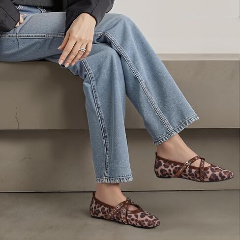 VIMISAOI Leopard Flats for Women Mesh Ballet Flats with Strappy Fishnet Buckle Round Toe Mary Jane Ballerina Shoes Dress Shoes in Saudi Arabia
