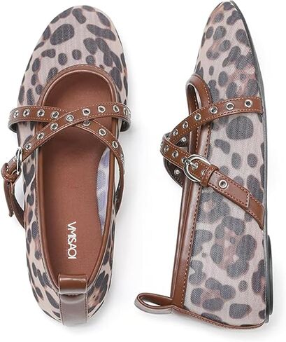 VIMISAOI Leopard Flats for Women Mesh Ballet Flats with Strappy Fishnet Buckle Round Toe Mary Jane Ballerina Shoes Dress Shoes in Saudi Arabia