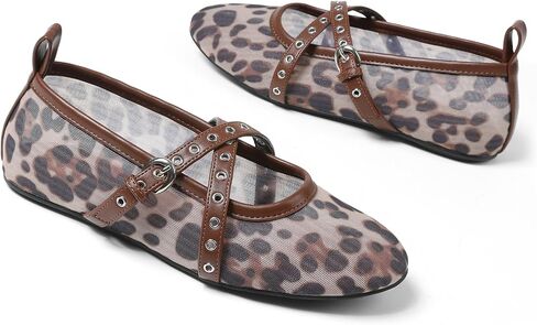 VIMISAOI Leopard Flats for Women Mesh Ballet Flats with Strappy Fishnet Buckle Round Toe Mary Jane Ballerina Shoes Dress Shoes in Saudi Arabia