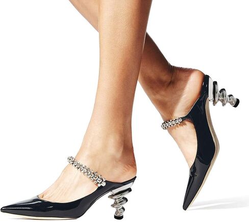 YDN Women Trendy Metallic Spiral Heels Slip On Sandals Rhinestone Strap Pumps Pointed Toe Mules Party Shoes 4-15 US in Saudi Arabia