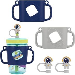 HUAKENER Set of 2 Silicone Bottle Handles and Straw Cover Cap, Accessories Handle Compatible with 15oz Zak Toddler Cups (Blue+Grey)