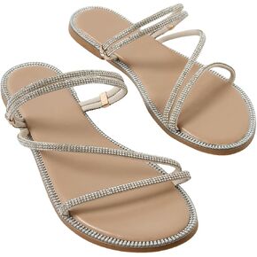 GORGLITTER Glitter Sandals Sparkly Flat Sandals Rhinestone Open Toe Slide Dressy Shoes