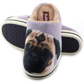 AFISH Unisex Pug Slippers - Soft Cotton Indoor Slip-on Memory Foam Bedroom Pug Gift