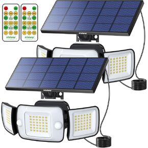 intelamp Solar Lights Outdoor, 3 Head Solar MotionSensor Lights for Outside, lP65 Waterproof,Separate Panel with 9FT Cable RemoteControl Wall Lights