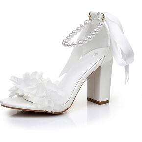 Women's White Bridal Sandals with Pearls and Floral Applique, High Block Heels