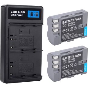 2-Pack EN-EL3e Battery with USB-C Dual Charger Compatible with Nikon D50, D70, D70s, D80, D90, D100, D200, D300, D300S, D700 Digital SLR Cameras 2200mAh