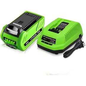 1 Pack 40 Volt 29462 29472 Replacement Battery Lithium ion and 29482 Charger Compatible with GreenWorks 40V GMAX Power Tools 29252 20202 22262 25312 25322 20642 22272 27062 21242 Cordless Tool(Green)