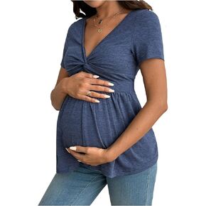 Women's Maternity Tops Twist V Neck Ruffle T Shirt Short Sleeve Summer Peplum Tees