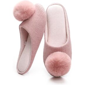 Ballerina Slippers for Women with Pom-pom Soft House Shoes Indoor Slip On with Flexible Rubber Sole