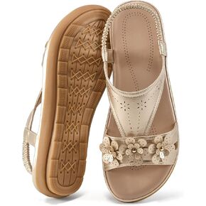 Ecetana Womens Sandals Dressy Summer Beach Casual Elastic Strap Slip on Flat Shoes with Memory Foam