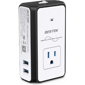 BESTEK [Pure Sine Wave] Universal Travel Adapter - 150W Voltage Converter 220v to 110v, 2X 2.4A USB-A Ports and 1X AC Outlet, All-in-One International Power Plug for EU US UK AU (1-White)