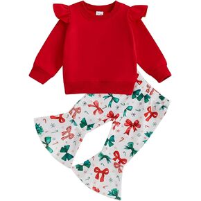 Toddler Baby Girl Bow Print Bell Bottom Outfits Long Sleeve Sweatshirt Floral Flare Pants Set 2 Piece Sweatsuit