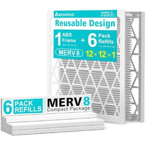 14x20x1 Air Filter MERV 8, 6 Pack Refills with 1 Foldable ABS Frame, Reusable AC HVAC Furnace Filter (Actual Size: 13.75x19.75x0.75 in)