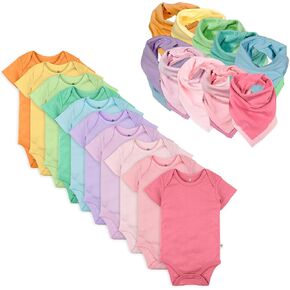HonestBaby 20-Pack Organic Cotton Short Sleeve Bodysuits and Bandana Bib, 12 Months