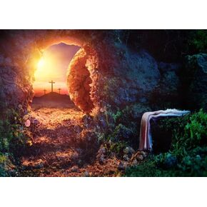 BELECO 7x5ft Fabric Resurrection of Jesus Backdrop Easter Empty Tomb Backdrop Three Crosses Holy Lights Jesus Tomb Sunrise Crucifixion Shroud Church Events Decor Christian Religious Belief Photo Props