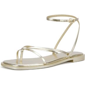 Womens Flats Sandals Square Toe Strappy Ankle Strap Flats, LESLIE-GOLD-9