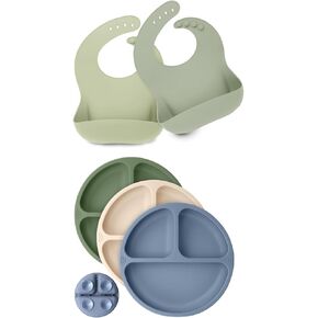 KeaBabies 2-Pack Baby Silicone Bibs and Suction Plates for Baby, Toddler - Waterproof, Easy Wipe Silicone Bib for Babies - 3-Pack 100% Silicone Divided Baby Plates with Suction, BPA Free Plates