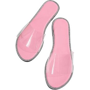 OYOANGLE Women's Clear Flat Sandals Glitter Rhinestone Open Toe Transparent Beach Slide Sandals