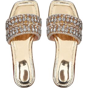 Verdusa Women's Metallic Rhinestone Sandals Square Toe Slip on Leather Slippers