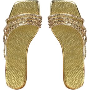 GORGLITTER Women's Summer Beach Flat Gold Cute Sandals 2025 Sparkly Rhinestone Strappy Shoes