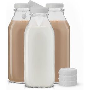 JoyJolt Glass Milk Bottles with Lids and Pourer – 64 Oz, 3 Pack Airtight Heavy Duty Reusable Glass Bottles, Leakproof, BPA-Free, Food Grade, Dishwasher Safe Jug, Pitcher for Milk, Juice, and Water