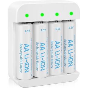 Lithium AA Batteries Rechargeable 1.5V 8 Pack 3600mWh with Charger (4-Bay Independent Slot), Long Lasting Double A Size Battery for Blink Camera