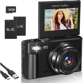 4K Digital Camera for Photography, Vlogging Camera for YouTube 18X Digital Zoom 3" 180° Flip Screen Compact Video Cameras with 32GB TF Card & 2 Batteries(Black)