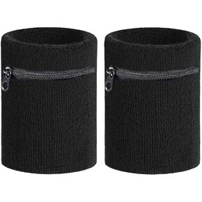 2pcs Thick Sport Wristband with Zipper/Wrist Wallet Sweatband Wrist Support for Men & Women Gym,Running,Walking,Basketball,Tennis,Hiking,Travel