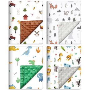 Tiamon 4 Pack Baby Blanket for Boys Girls 30 x 40 Inch Soft Double Layer Blankets with Dotted Backing Lovely Woodland Animal Design Quilt for Unisex Toddler Newborn Forest Multicolor Printed