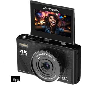4K Digital Camera, 64MP High Resolution Digital Camera with 3" Flip Screen, WQV Small Vlogging Camera for YouTube, Photography and Video, 18X Digital Zoom, TF Card, for Gift (Black)