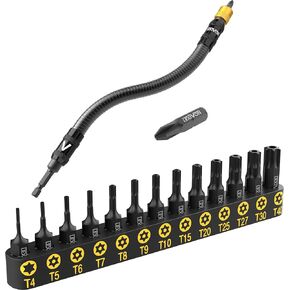 Tamper Proof Torx Bit Set S2 Alloy Steel T4 - T40 with Flexible Bit Holder Extension