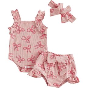Newborn Infant Baby Girl Summer Outfits Bow Print Sleeveless Waffle Knit Romper Ruffle Shorts Headband 3Pcs Set