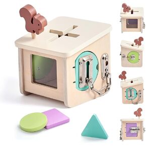 IEATFO Wooden Lock Box STEM Learning Toys for Kids - Montessori Puzzle Cube with 3 Types of Locks (Hook/Chain/Sliding Bolt), Shape Sorting - Early Educational Fine Motor Skills for Boys & Girls