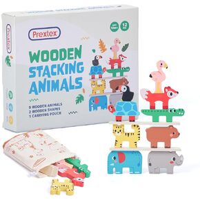 PREXTEX Wooden Stacking Toys - Montessori-Inspired Wooden Sorting Play Set - Educational Balance and Motor Skills Set, Colorful Zoo Animal with 9 Animals, 2 Boards, Carrying Pouch - Ages 18 Months+
