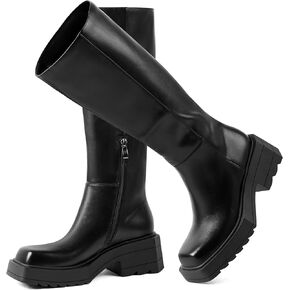 CouieCuies Black Knee High Boots For Women Square Toe Chunky Heel Comfortable Tall Boot Pu Leather Lug Sole Shoes