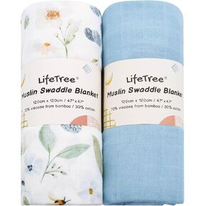 LifeTree Baby Swaddle Blanket, 70% Viscose from Bamboo and 30% Cotton Muslin Baby Blankets Unisex, Neutral for Newborn, Super Soft Large 47" x 47", 2 Pack Floral and Blue