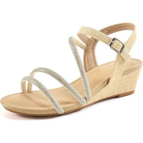 Aomigoct Womens Wedge Sandals Party: Black 8 Sparkly Rhinestone Open Toe Low Wedge Sandals Ankle Strap Fashion Dress Shoes