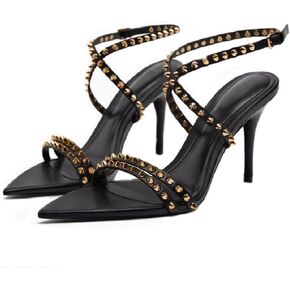Women's Open Pointy Toe Sparkle Studded Sandals Summer Sexy Black Adjustable Buckle Ankle Strap Stud Stiletto Heels Fashion Dress Rivet Sandals