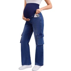 PACBREEZE Women's Maternity Jeans Cargo Straight Leg Relaxed Jeans Over Belly Comfy Denim Pregnancy Pants, S-XXL