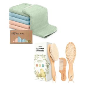 KeaBabies Baby Washcloths and Baby Hair Brush and Baby Comb Set - Soft Baby Wash Cloths for Newborn, Kids - Wooden Baby Brush with Soft Goat Bristle