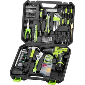 Drill Tool Set: 12V Cordless Power Drill with Battery Charger and Laser Level for Home Hand Repair, Basic Household DIY Tools Kits Drills Case with Screwdrivers Bits Accessories 142Pcs, Green