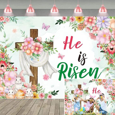 Easter He is Risen Backdrop Religious Jesus Resurrection Photography Background Spring Floral Rabbit Christian Cross Banner for Jesus Easter Spring Party Decorations Supplies (82x59 inch (7x5FT)) in Kuwait