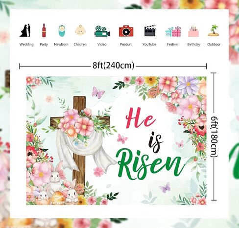 Easter He is Risen Backdrop Religious Jesus Resurrection Photography Background Spring Floral Rabbit Christian Cross Banner for Jesus Easter Spring Party Decorations Supplies (82x59 inch (7x5FT)) in Kuwait