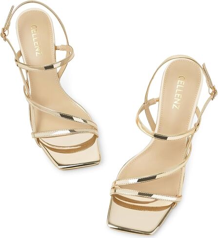 Women Strappy High Heels: Square Open Toe Slingback Sandals, Dressy Sexy Comfortable Kitten Heeled, Prom Party Wedding Black White Gold Nude in Saudi Arabia