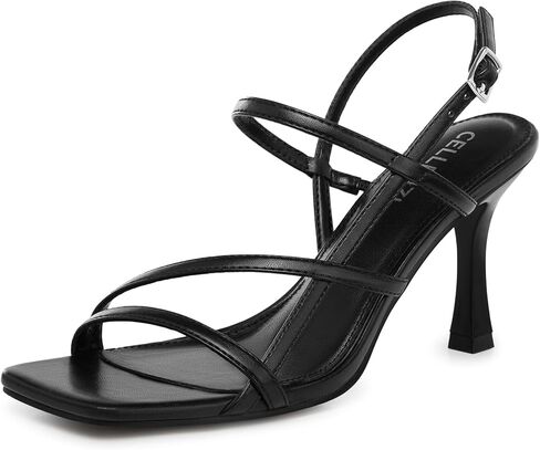 Women Strappy High Heels: Square Open Toe Slingback Sandals, Dressy Sexy Comfortable Kitten Heeled, Prom Party Wedding Black White Gold Nude in Kuwait