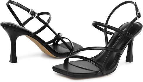 Women Strappy High Heels: Square Open Toe Slingback Sandals, Dressy Sexy Comfortable Kitten Heeled, Prom Party Wedding Black White Gold Nude in Kuwait